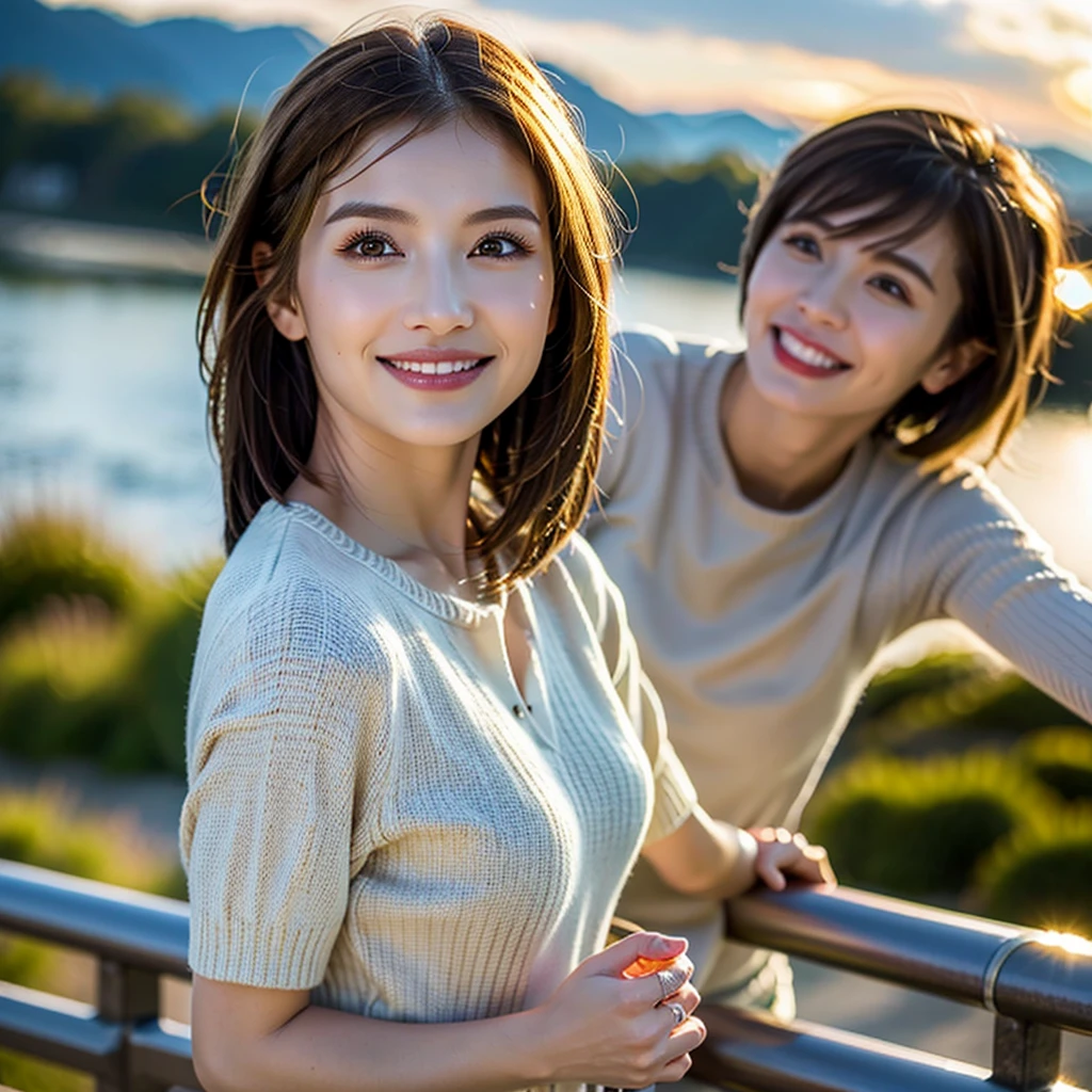 Highest quality,master piece,incredibly absurdres,photography,high resolution,lens flare,a girl, one girl,solo focus,alone,full body,perfect anatomy,Highest quality,8kbloom,a girl, one girl,solo focus,bokeh,alone,full body,standing,posing,4K,8k,raw photo,short brown hairイヤリング,Beautiful eyes、Japanese women,Age 25,healthy,positive,bright,kind,,Trendy fashion for women in their 20s(Stylish shirts,1:3)、Beautiful Skin,Fair skin,,masterpiece,Young and beautiful,Attractive woman,ecup bust、An innocent smile、smile、teeth、The background is a lake、night、moon、dim、The stars are beautiful、Accurate hands、Accurate legs,one girl、Anyway, so cute