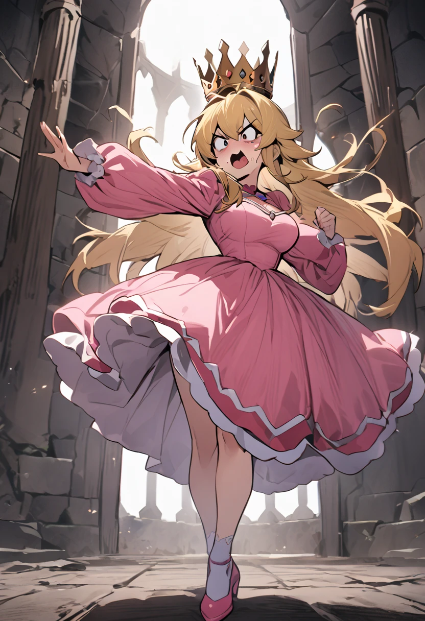 Inside the castle、Best Quality、blonde、Large Breasts,(Panic face),Long Hair,((A girl wearing a crown and an all pink dress)),((Roundhouse kick)),whole body