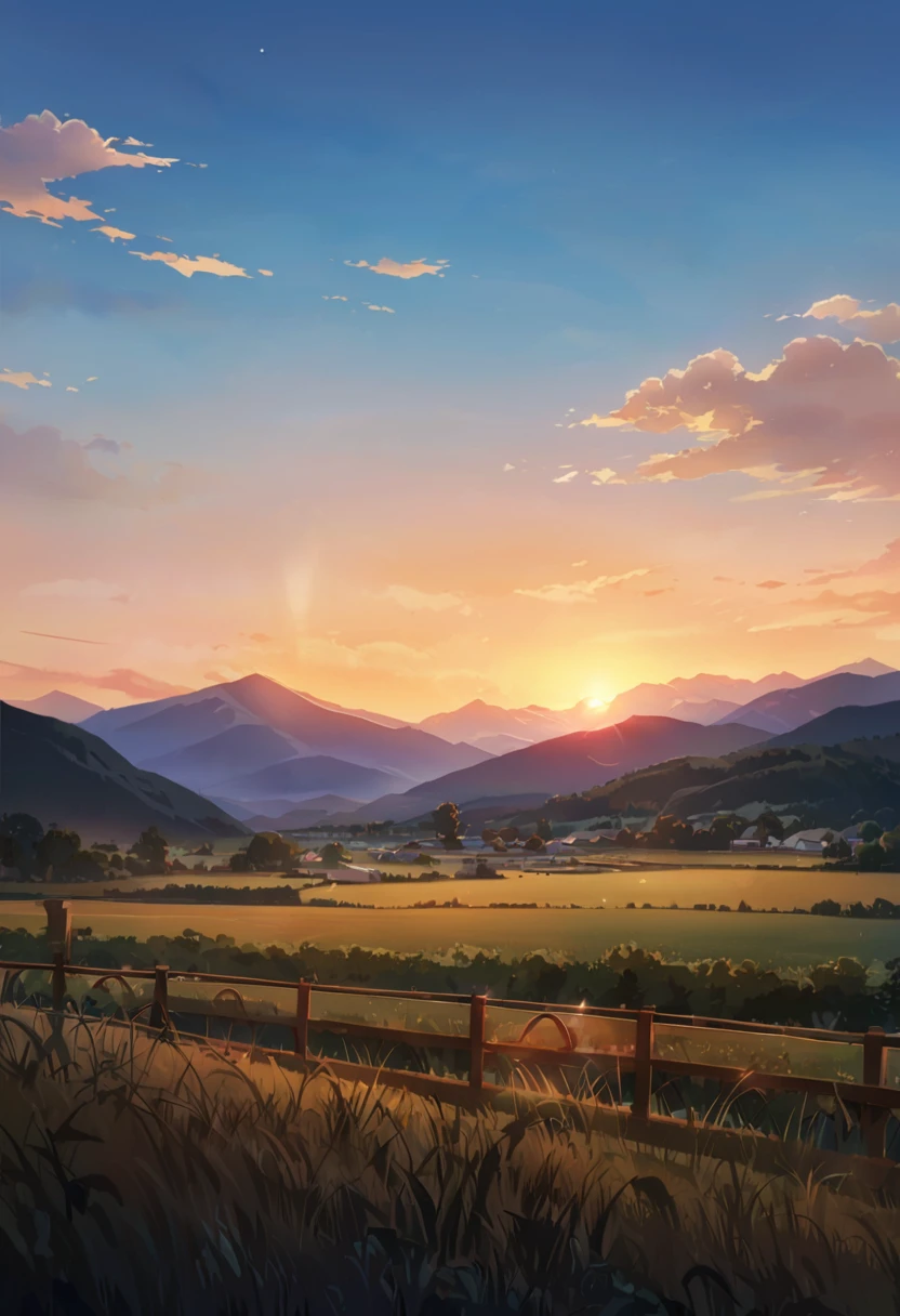 there is a horse standing in a fenced in area with mountains in the background, late summer evening, summer evening, painting of landscape, gorgeous scenery, mountains in the background, a beautiful landscape, night setting, sunset in a valley, dusk setting, countryside, evening lighting, summer setting, dawn setting, landscape shot, evening sunset, sunset view, beautiful scenery