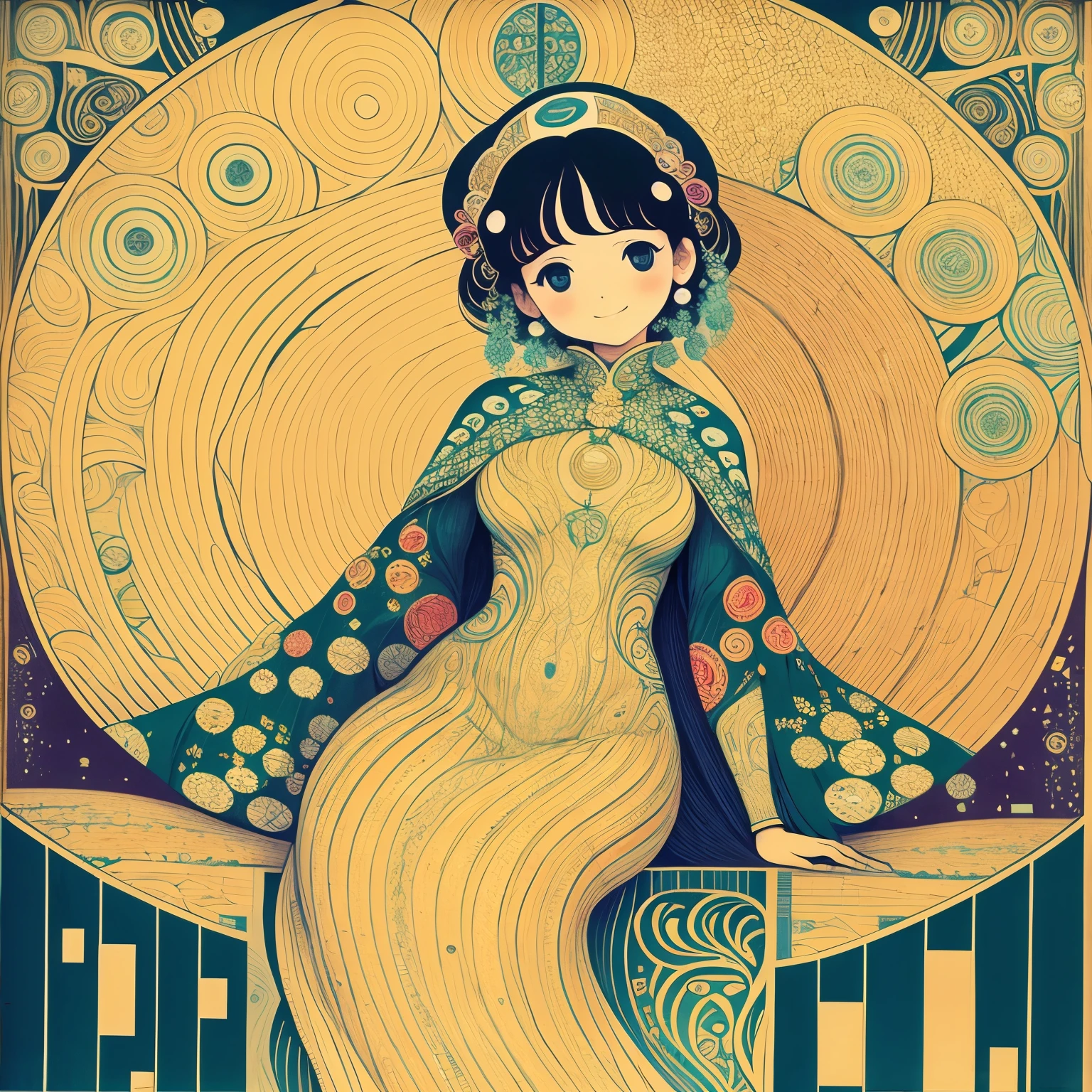 a petite woman, tiny body, round face, little fat, smile, very cute, happy, sit, full length, Gustav Klimt: art-nouveau style,