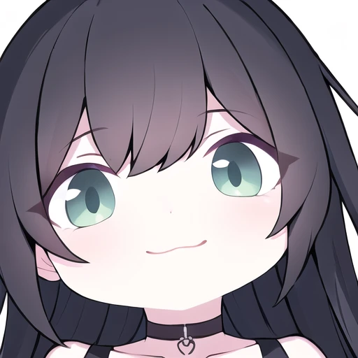 masterpiece,best quality,chibi style,chibi,light smile,close-up,white background, 1girl, ;d choker, collarbone, dekalco, depth of field, unkempt hair, looking at viewer, emotionless face, choker, dark green eyes, black hair,