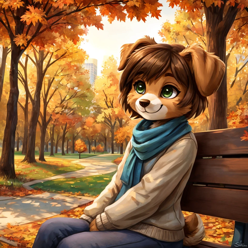 A medium close-up of an anthropomorphic, female dog with, brown-green eyes, short brown hair, casual clothes, short blue scarf, closed smile, high quality furry art, chibi style, she's seated on a bench in a park, autumn park background.