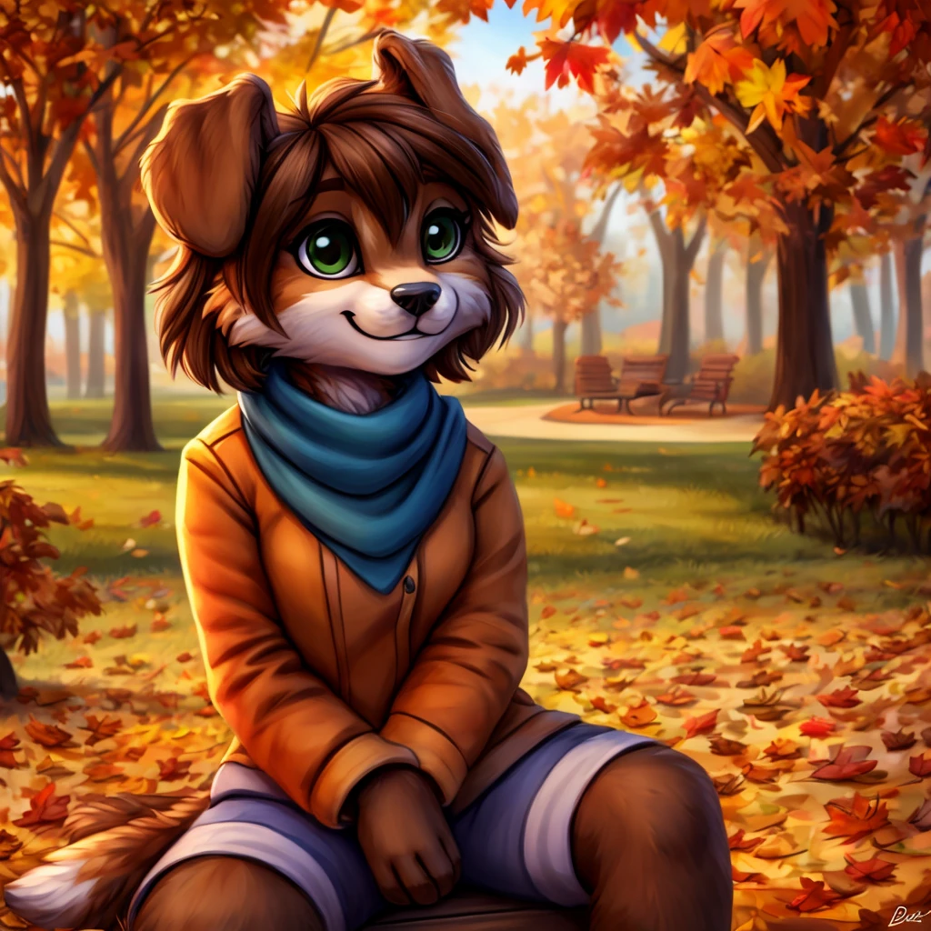 A medium close-up of an anthropomorphic, female dog with, brown-green eyes, short brown hair, casual clothes, short blue scarf, closed smile, high quality furry art, chibi style, she's seated on the lawn of a park in autumn, autumn park background.