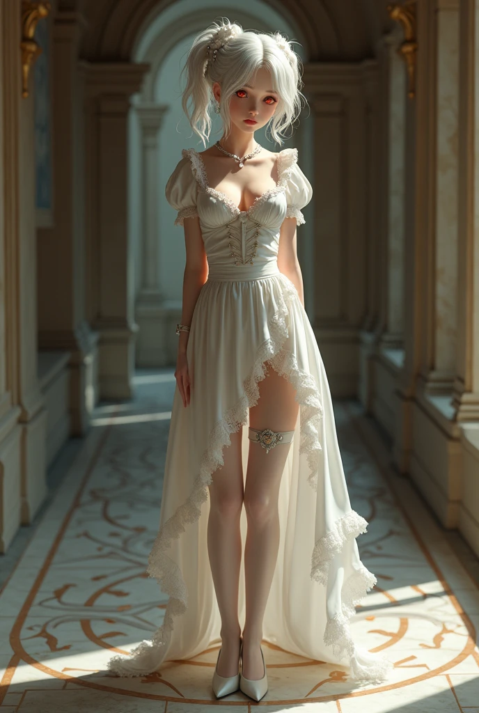 (Best Quality), ((Masterpiece), (Detail: 1.4), 3D, (Silver: 1.9), (Bun: 1.3), Face Close-up, Extremely Normal Hands, Extremely Normal Legs, Elf Long Ears, Wedding Dress, High Heels, HDR (High Dynamic Range), Ray Tracing, NVIDIA RTX, Super-Resolution, Unreal 5, Subsurface Scattering, PBR Textures, Post Processing, Anisotropic Filtering, Depth of Field, Maximum sharpness and sharpness, multi-layer textures, albedo and highlight maps, surface shading, accurate simulation of light-material interactions, perfect proportions, Octane Render, two-color light, large aperture, low ISO, white balance, rule of thirds, 8K RAW,