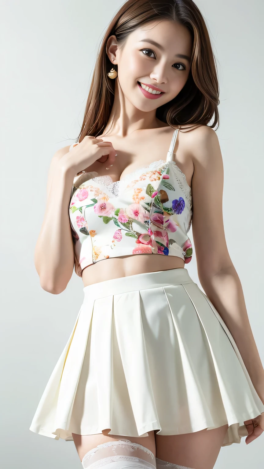 A woman in a white skirt and floral top posing for a picture - SeaArt AI