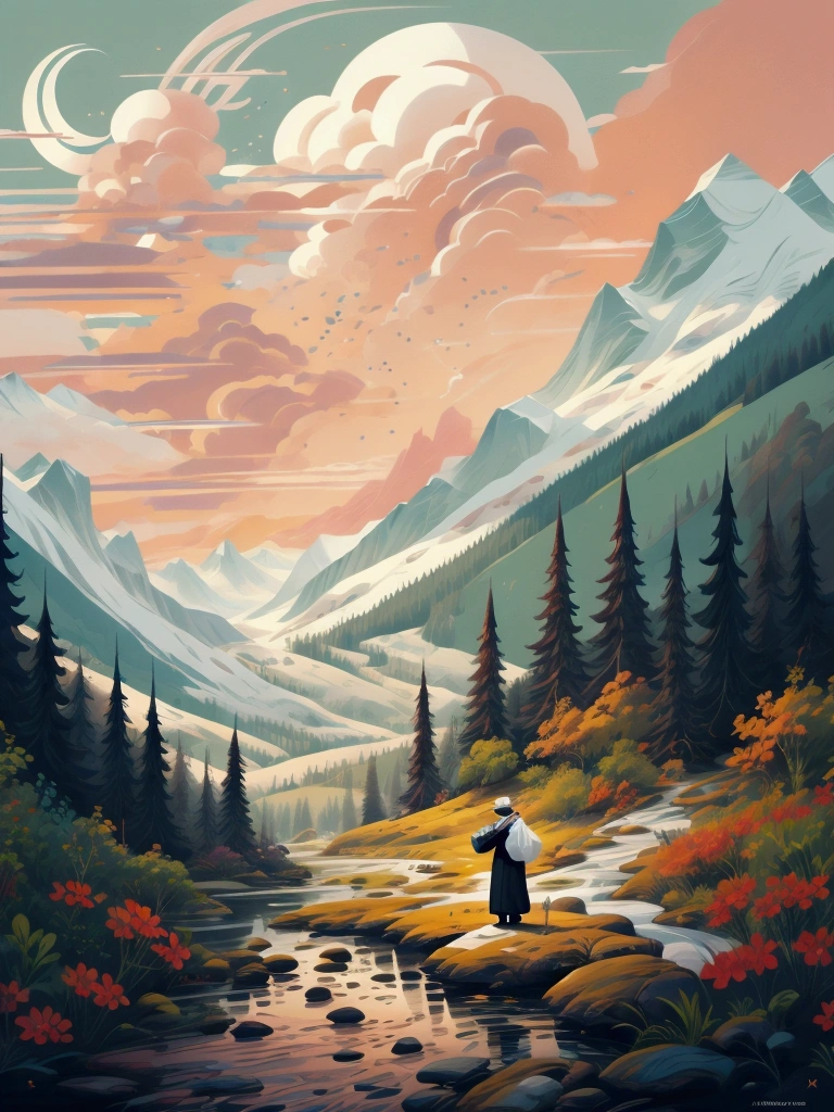 A sinple cartoon illustration of a Muslim person enjoying nature, surrounded by beautiful scenery. The text should read "Ciptaan Allah adalah maha karya!" (Allah's creation is a masterpiece!). The image should be peaceful and inspiring, celebrating the beauty of nature and the connection between faith and the nature. Flat, minimalist, designed for tshirt, 2d.Ukiyo-e, Illustration, 