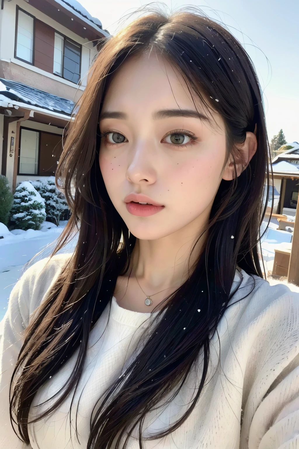 (8k, best quality, masterpiece, ultra highres:1.2) Photo of Pretty Japanese woman
 in the (style of paul rubens and rebecca guay:1.1) (melancholy winter snow:1.4)