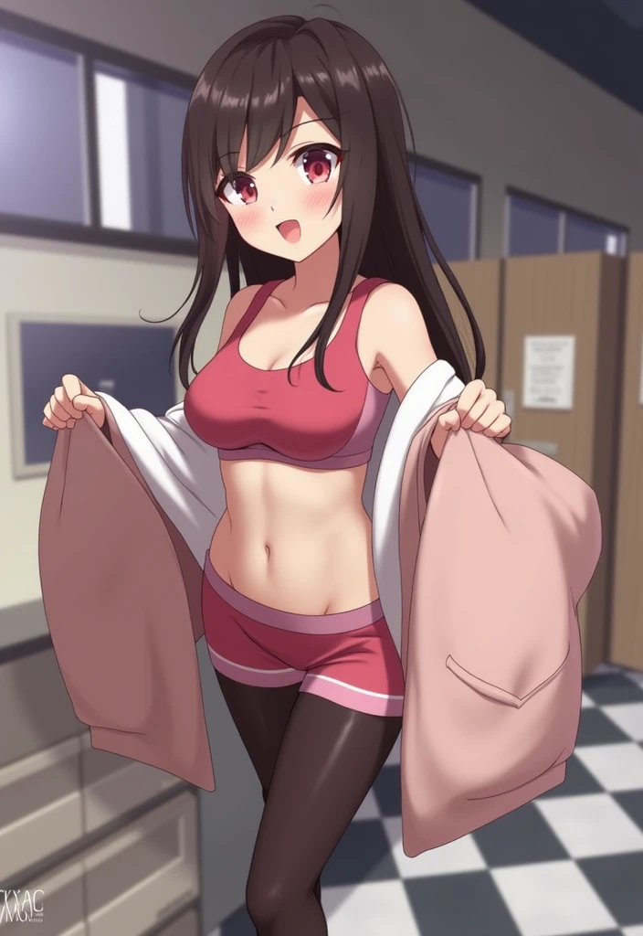 1girl, hand in panties,  kitabkn, covering crotch,, masterpiece, best quality, highly detailed, brown hair, short hair, pink eyes
