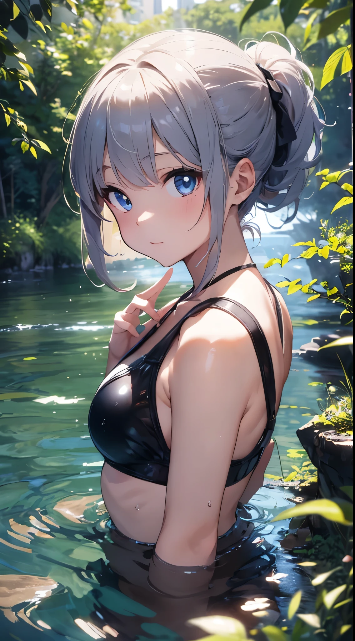 ​masterpiece,Top image quality,hight resolution,imagem 4k,Raw photo,Photorealsitic,{Solo},teens girl,Embarrassment,Silverberry Shorthair,stare at each other,Wet,Blue eyes,小柄,Silver fox ears,Fox tail,Bathing in water,boyish,Japanese style maid