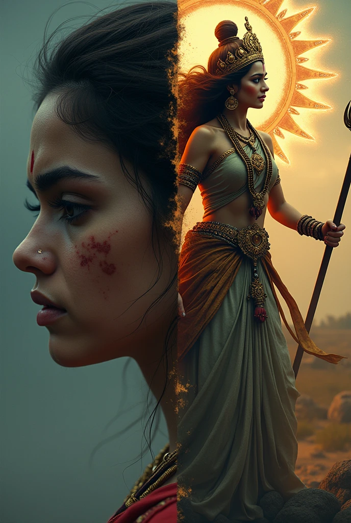 एक खूबसूरत लड़की जो किताब लिए बैठी हो जिसकी गर्दन पर पूजा नाम का टैटू बना हो और उसे कृष्ण पीछे खड़े देख रहे हो