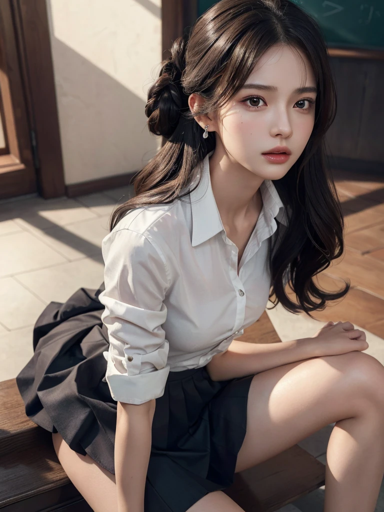 absurderes, Raw photo, Extremely delicate and beautiful, masutepiece, Best Quality, Ultra High Resolution, 16 K, hyper realisitic, Realistic, Photorealistic, Photorealsitic, Ultra-detailed, Perfect Anatomy, super detailed skin, Perfect figure, Very detailed CG 8k wallpaper, in her 20s, Very slim body, Narrow waist, Very small head, Very small face, Delicate facial features, tear moles, Earring, thin legs, (very massive round chest), (Full body shot:1.2), (2 Girl), Short hair, (Wavy Hair), (light brown hair), (Wet clothes), (School uniform:1.3),