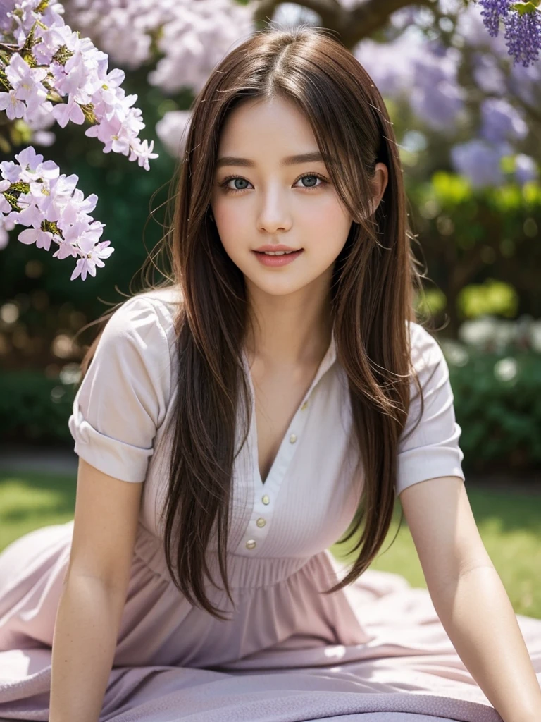 8k, masterpiece, highest quality, highest resolution, Anatomically correct hands and feet, professional lighting, Backlight、Detailed CG、front angle、full body shot、squat、woman, small face、white skin、brown eyes)、(high school girl:1.4)、beautiful feet、JK black skirt 、pleated skirt、jersey) 、(round face: 1.4)、shy smile:0.1、 beautiful eyes:1.2、(detailed face and iace:1 2)、almond eye、brown eyes、gradation eye、highlight:1.2)、(beautiful straight hair:1.3)、(three-dimensional lips、plump lips) 、(thin fingered arms、detailed human hand)、Japan Park、I feel the arrival of spring、budding