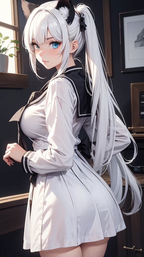 (((1 girls))),ray tracing, (bright light), [realistic] ((detailedbackground(classroom))),(((silver hair)), (((A long  silver-hair,  small chest and slender girls with a high ponytail have ))) are  in the classroom, averting their blonde eyes, ((girl wear  Sailor suit with black pantyhose )),  beauties,correct limbs
