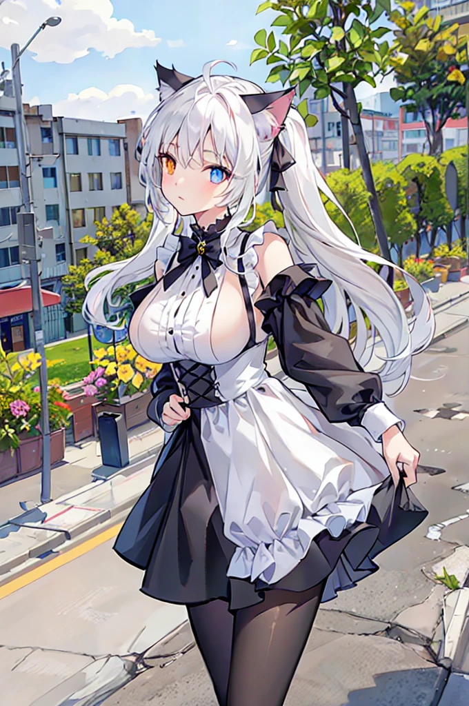masterpiece, best quality, highres, aabelfast, long hair, french braid, maid headdress, collar, chain, collarbone, cleavage, frills, maid, sleeveless, elbow gloves, white gloves, white apron, <lora:belfast_(azur_lane)_v1:0.7>, cowboy shot, standing, garden, smile,