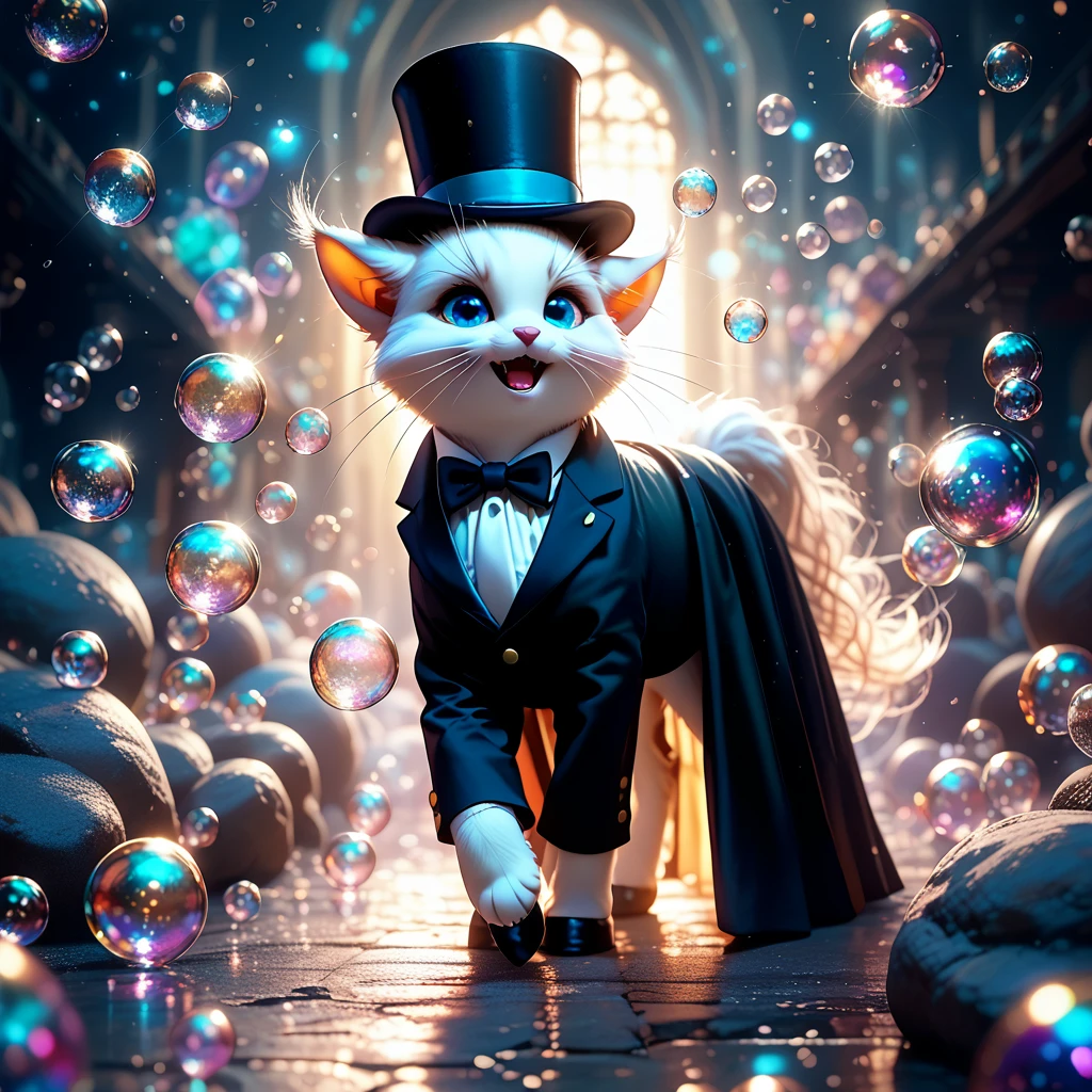 White furry cat with bright blue eyes, wearing a black suit with red buttons, white tie, top hat, Holding a stick, Leaning on a small stone fence, Looking at the Viewer Smile, flirting, Sweet floral scent spread all over the picture, Bubbles rise to the top, Fairy and wonderful images, sunny day, Soft clouds, Warm air, dream bubbles, Shadow game, bright colors, masterpiece , full details, Shine, Game of Shadows, Maximum Quality, Score_9, Score_8_up, Score_7_up, dramatic lighting, highly detailed, high budget, bokeh, cinema lens, annealing captivating, majestic, gorgeous, film grain, grainy, masterpiece, best quality, anatomically perfect, very aesthetic, formal art, 8k, Fantasy, fantasy