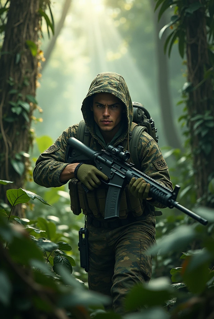 ((masterpiece)). ((best quality)), ((highres)), male focus, private military contractor, solder, mercenary, jungle camouflage battle dress uniform, cigar, aiming and firing an m16 rifle with underbarrel grenade launcher, assault rile, m16a2, m203, intense look on his face, brown hair, short hair, assault vest, jungle backdrop, gritty war atmosphere --auto --s2