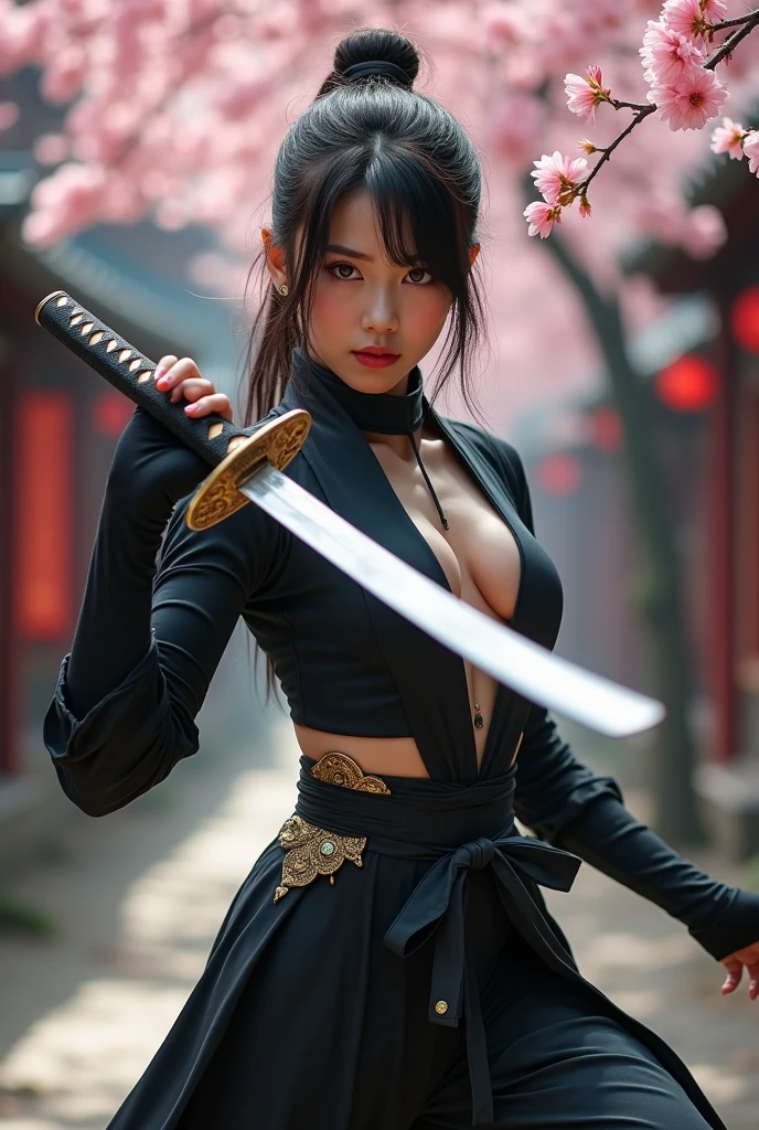 8K,Close-up of a person holding a sword in front of the full moon.、Very beautiful cyberpunk samurai、There is a katana.、There is a katana.、Inspired by Yoshikai Kano、female samurai、knife、large sword、Demon Samurai、From Arknights、ghost animal waiter、her with a sword、Kunoichi、Amazing Katana Wielding Pose、(The breasts are very large.:1.4)