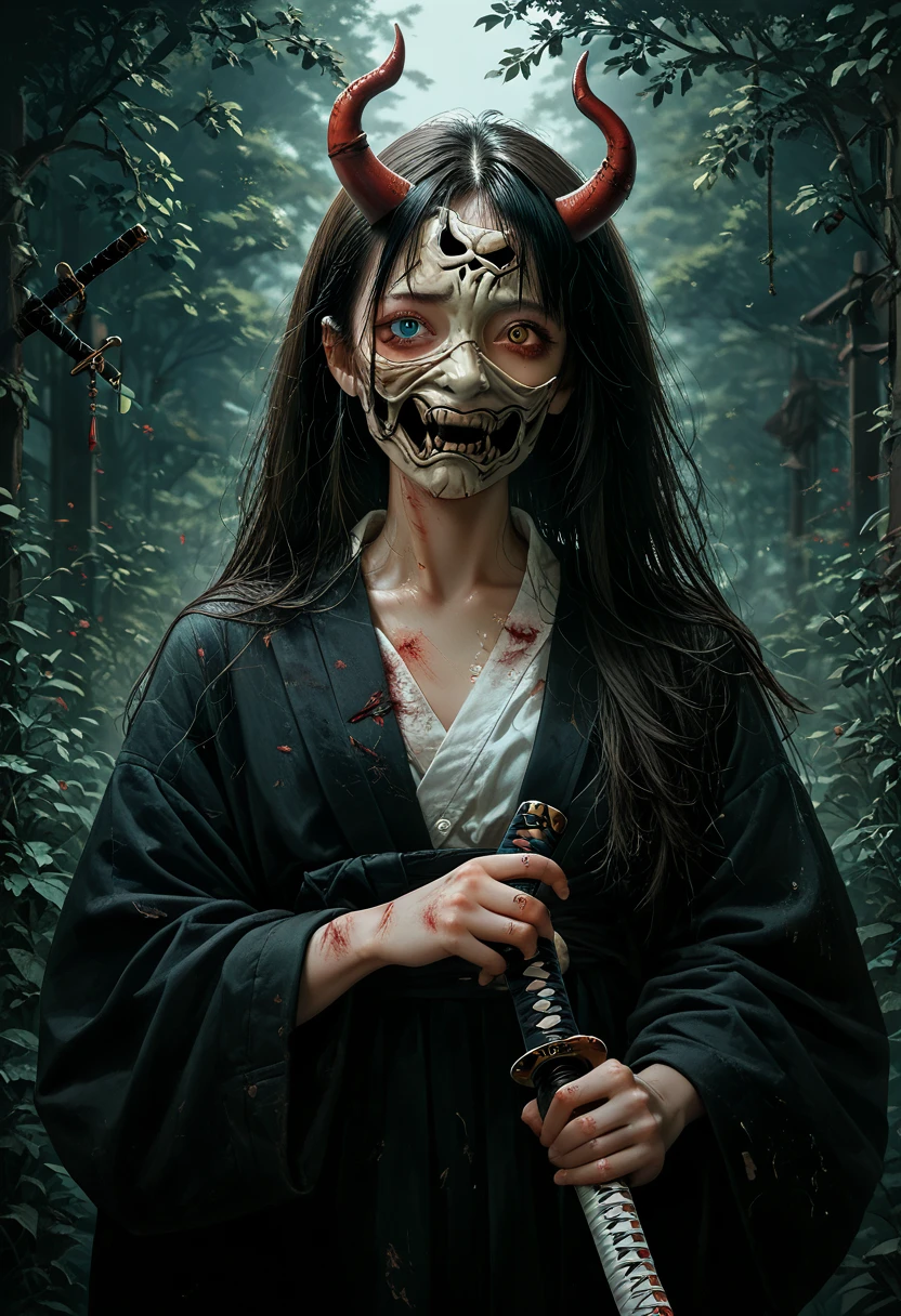 Photorealistic, High resolution, 1 Girl, Korean, Eyes with heterochromia, Small mole under eye,Wounded Geisha wearing half Japanese demon mask holding a katana