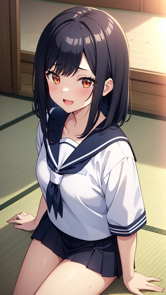 ((masterpiece, Best Quality, Very detailed, Very nice 8K CG wallpaper)), , A little thick, Medium Hair, Slightly dark blue black hair, Short Hair, Dark orange eyes,judo player、Sailor style uniform、Large bust、Sailor suit、mini skirt、judo、Cute expression、Inside the judo Gymnasium、、On the tatami、discovery、One Girl、whole body、rest、Shiraishi Apricot、Bust size: D cup、幼い頃judo家によって育てられた、Sweating