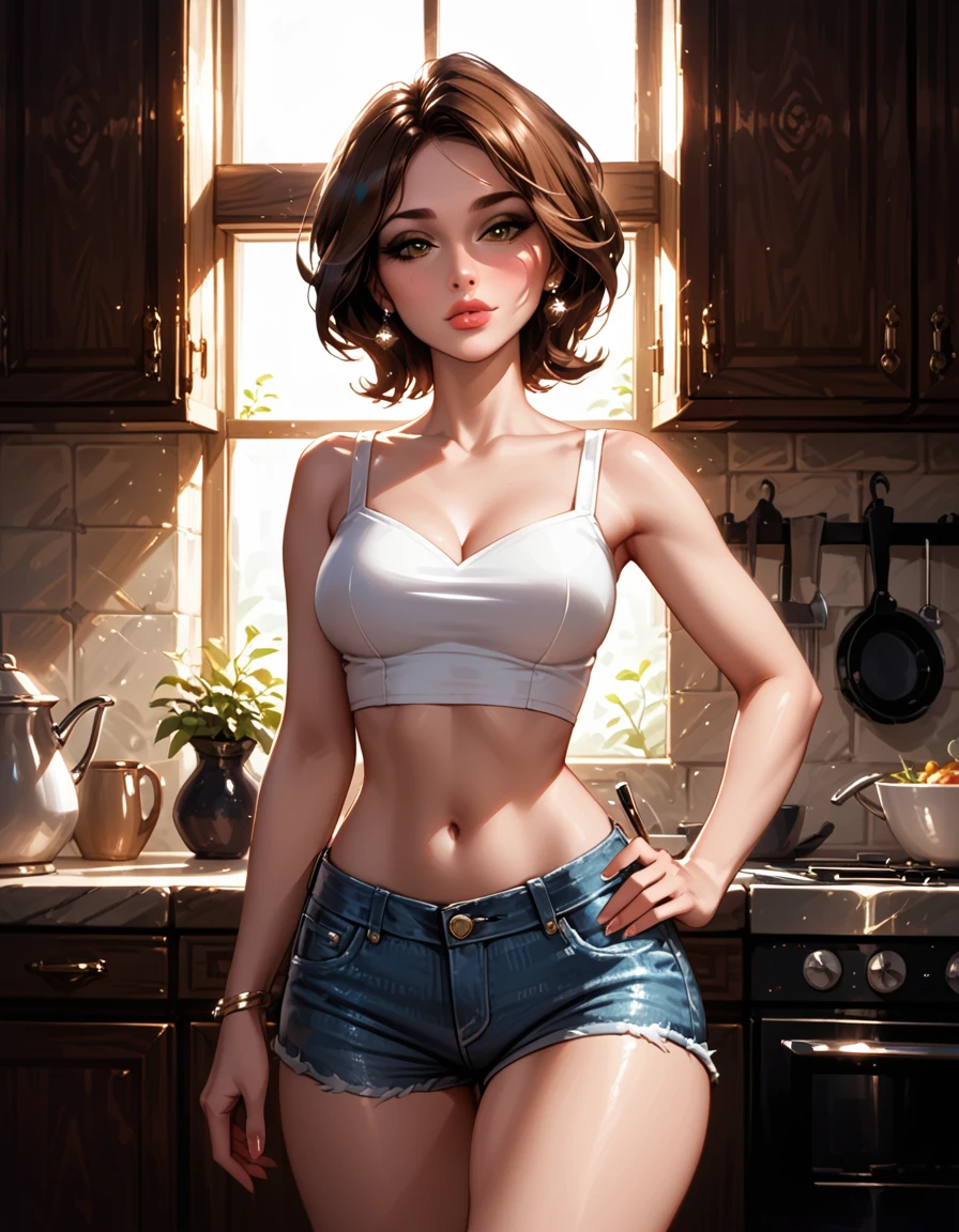 ((brown hair, blue eyes, big breasts, freckled breasts, short hair )) pixar mom, attractive woman, mature woman, Ultra high detail, Erotic, looking towards the camera, big breasts, thick lips, big hip, sexy red dress, great cleavage, red heels, red skirt, checkered stockings, apron