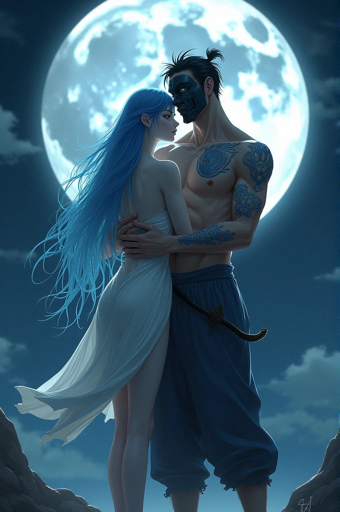 homme: Cosmic entities of the night and spiritual, vester, blond, yeux lumineux, des cheveux bleus lumineux et musclés, Corps lumineux. femme: dans les bras d'un homme, triste, des vêtements simples et modernes, des bras humains simples. Style d'animation. un style d'animation chinois et japonais. arrière-plan : galaxie, brillant. un style d'animation chinois et japonais. atmosphère: