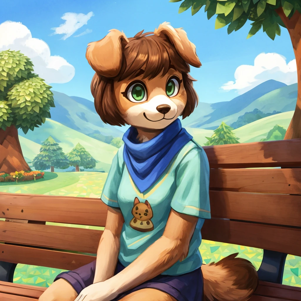 A medium close-up of an anthropomorphic, dog lady, brownish green eyes, medium-short brown hair, medium-short sleeves and casual clothes, short blue scarf, closed smile, high quality furry art, animal crossing style, she's seated on a bench in a park, hills and blue sky background.