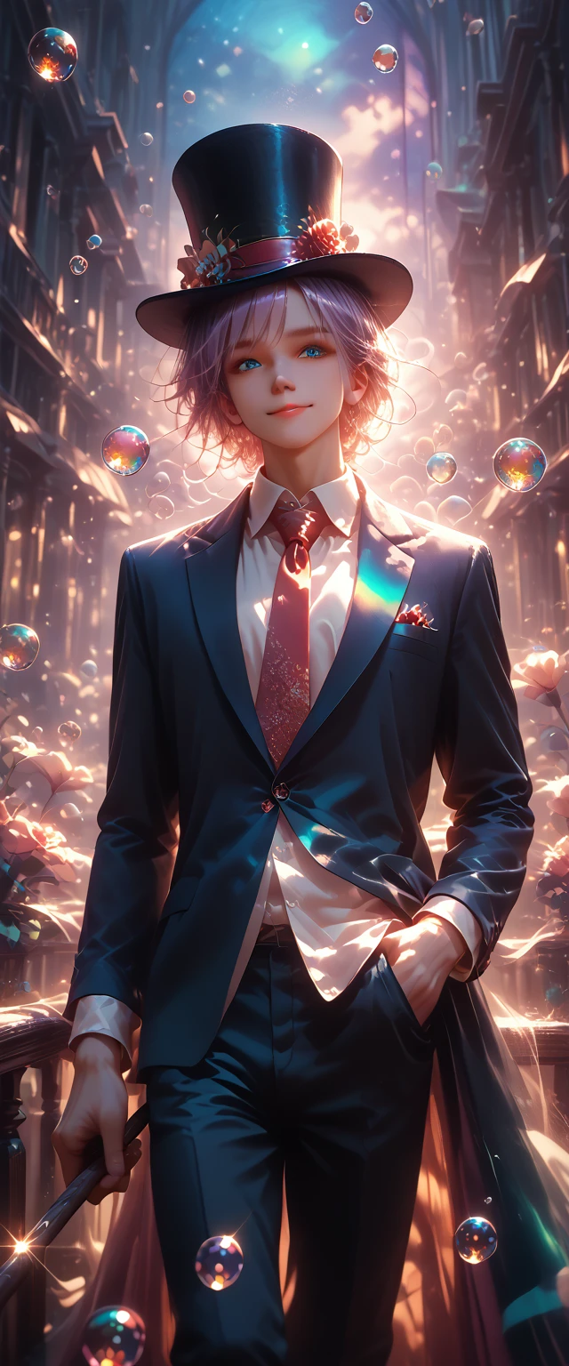 White furry cat with bright blue eyes, wearing a black suit with red buttons, white tie, top hat, Holding a stick, Leaning on a small stone fence, Looking at the Viewer Smile, flirting, Sweet floral scent spread all over the picture, Bubbles rise to the top, Fairy and wonderful images, sunny day, Soft clouds, Warm air, dream bubbles, Shadow game, bright colors, masterpiece , full details, Shine, Game of Shadows, Maximum Quality, Score_9, Score_8_up, Score_7_up, dramatic lighting, highly detailed, high budget, bokeh, cinema lens, annealing captivating, majestic, gorgeous, film grain, grainy, masterpiece, best quality, anatomically perfect, very aesthetic, formal art, 8k, Fantasy, fantasy