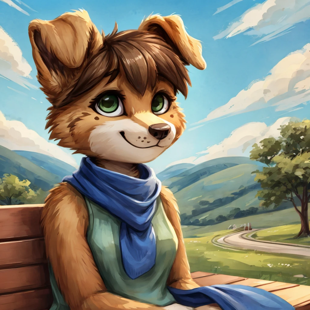 A medium close-up of an anthropomorphic, female dog with, brown-green eyes, short brown hair, casual clothes, short blue scarf, closed smile, high quality furry art, chibi style, she's seated on a bench in a park, hills and blue sky background.