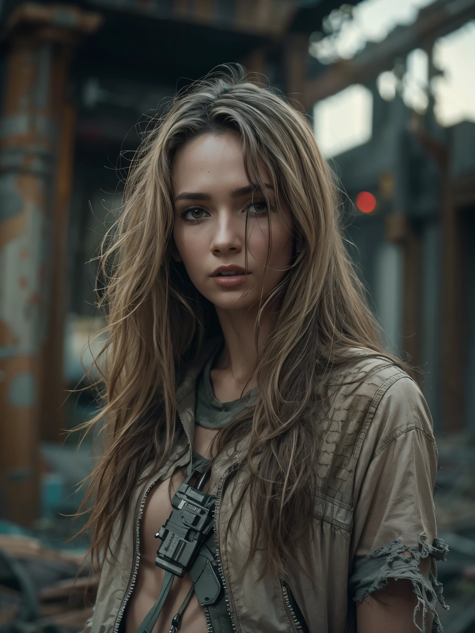RAW photo, a close up portrait photo of weary woman in wastelander clothes, long haircut, pale skin, slim body, background is city ruins, (high detailed skin:1.2), 8k uhd, dslr, soft lighting, high quality, film grain, Fujifilm XT3