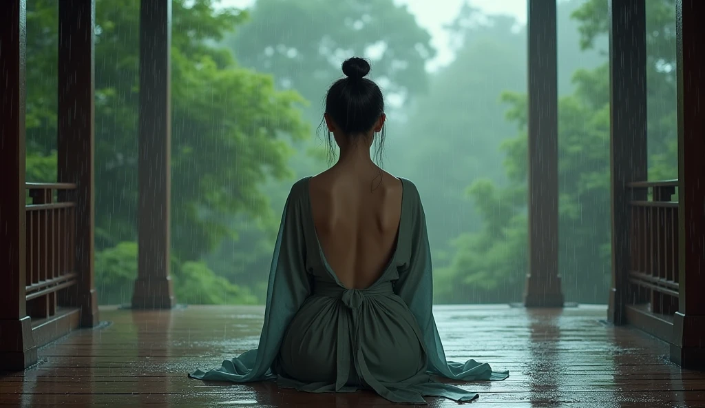 (draw only one woman:1.8), anatomically correct proportions, slender body, medium bust, 8K, RAW shooting, (portrait photography:1.5), best high quality, masterpiece, real photo, Japanese 18 year old beauty, black haired, (shibari:1.4)、turn your arms behind your back:1.4、bondage、縛られたrope、rope、squat, (Glaring angrily), blush, (Japanese garden in the rain:1.5), (outside the house:1.5), 大きな樹の下でsquat, (wet body), (wet hair)