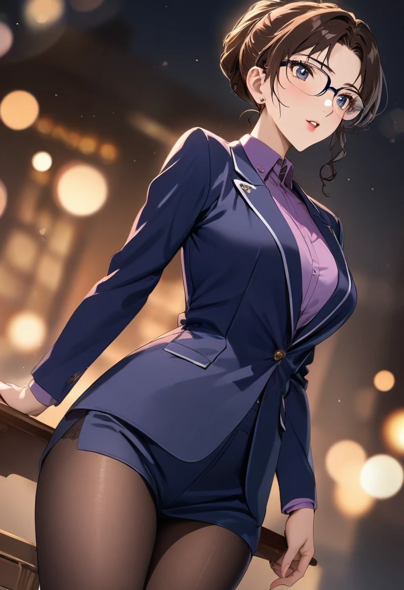 一个Kneeling的女人左手拿着文件,右手Place your index finger to your mouth,Female Secretary,Blue coat,Wear a white shirt,Kneeling,Kneeling,Kneeling,Black leg socks,Hip skirt,Brown curly hair,short hair,Black-rimmed glasses,Smile,Place your index finger to your mouth,Cartoon风格,Thick coating style,Comic Style,ue5 render,Cartoon,Comic Style