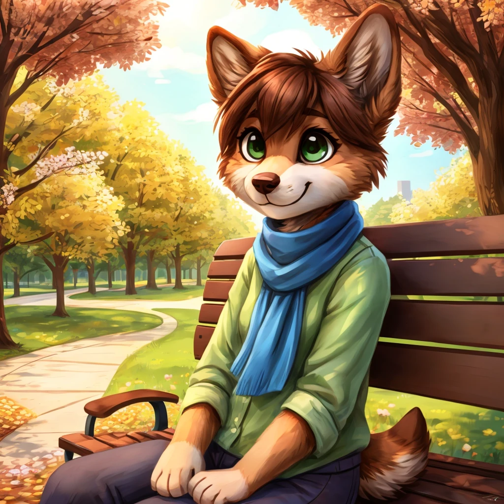 A medium close-up of an anthropomorphic, female dog with, brown-green eyes, short reddish brown hair, casual clothes, short blue scarf, closed smile, high quality furry art, chibi style, she's seated on a bench in a park in a spring-like and beautiful day.