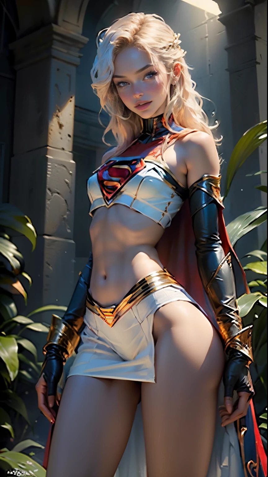Beautiful American woman long blonde hair, 23 years old, Hourglass body,Huge breasts, Defined body, Wearing lace lingerie:1.6 (((Bra, thong panties and 7/8 Supergirl cosplay sock)) , realist,((Superwoman Costume)) 、 biomechanical oppai, fanart best artstation, artgerm style, Marked cat,masutepiece, Full Detail, Photorealistic, 8K, ((( large full breasts:1.5、Big thighs:1.2)))、((Hands together))