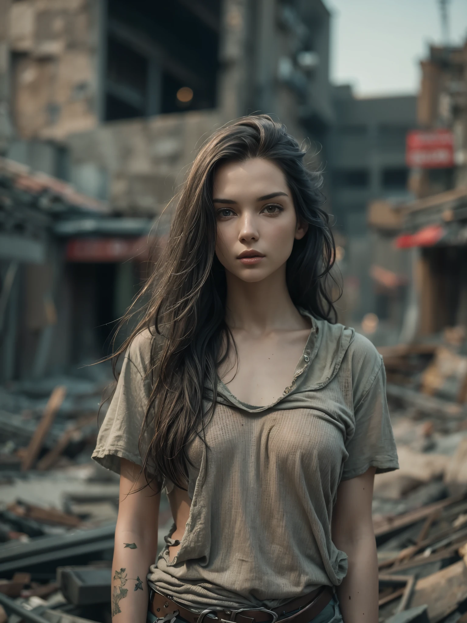 RAW photo, a close up portrait photo of weary woman in wastelander clothes, long haircut, pale skin, slim body, background is city ruins, (high detailed skin:1.2), 8k uhd, dslr, soft lighting, high quality, film grain, Fujifilm XT3  , jenya.d 