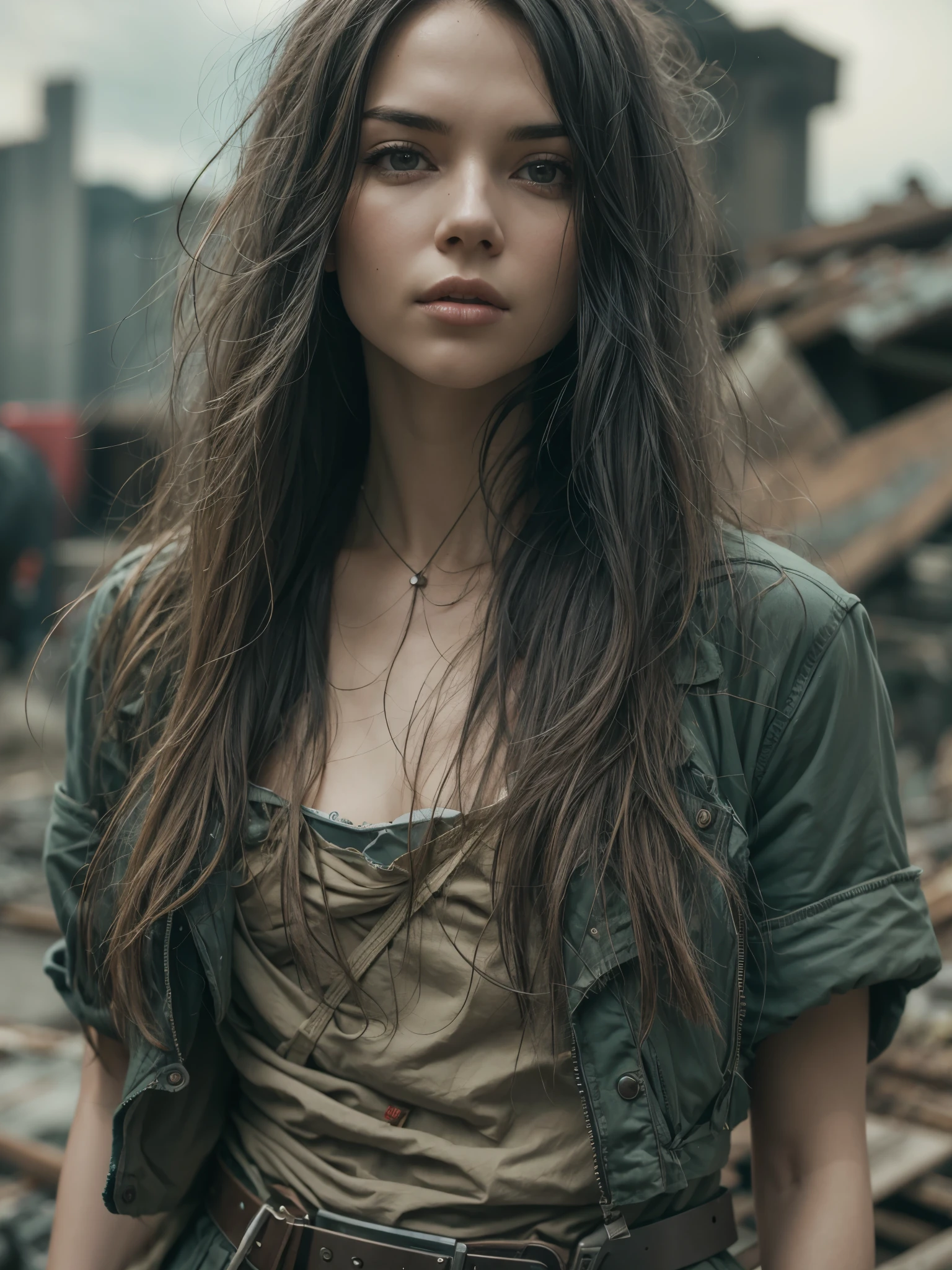 RAW photo, a close up portrait photo of weary woman in wastelander clothes, long haircut, pale skin, slim body, background is city ruins, (high detailed skin:1.2), 8k uhd, dslr, soft lighting, high quality, film grain, Fujifilm XT3  , jenya.d 