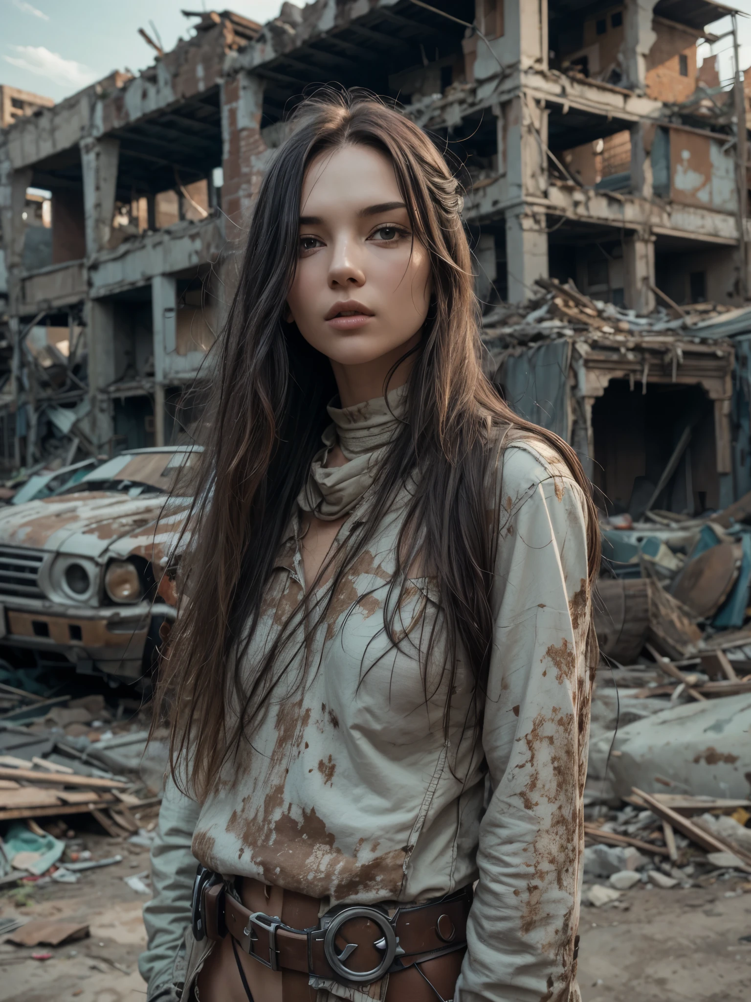 RAW photo, a close up portrait photo of weary woman in wastelander clothes, long haircut, pale skin, slim body, background is city ruins, (high detailed skin:1.2), 8k uhd, dslr, soft lighting, high quality, film grain, Fujifilm XT3  , jenya.d 