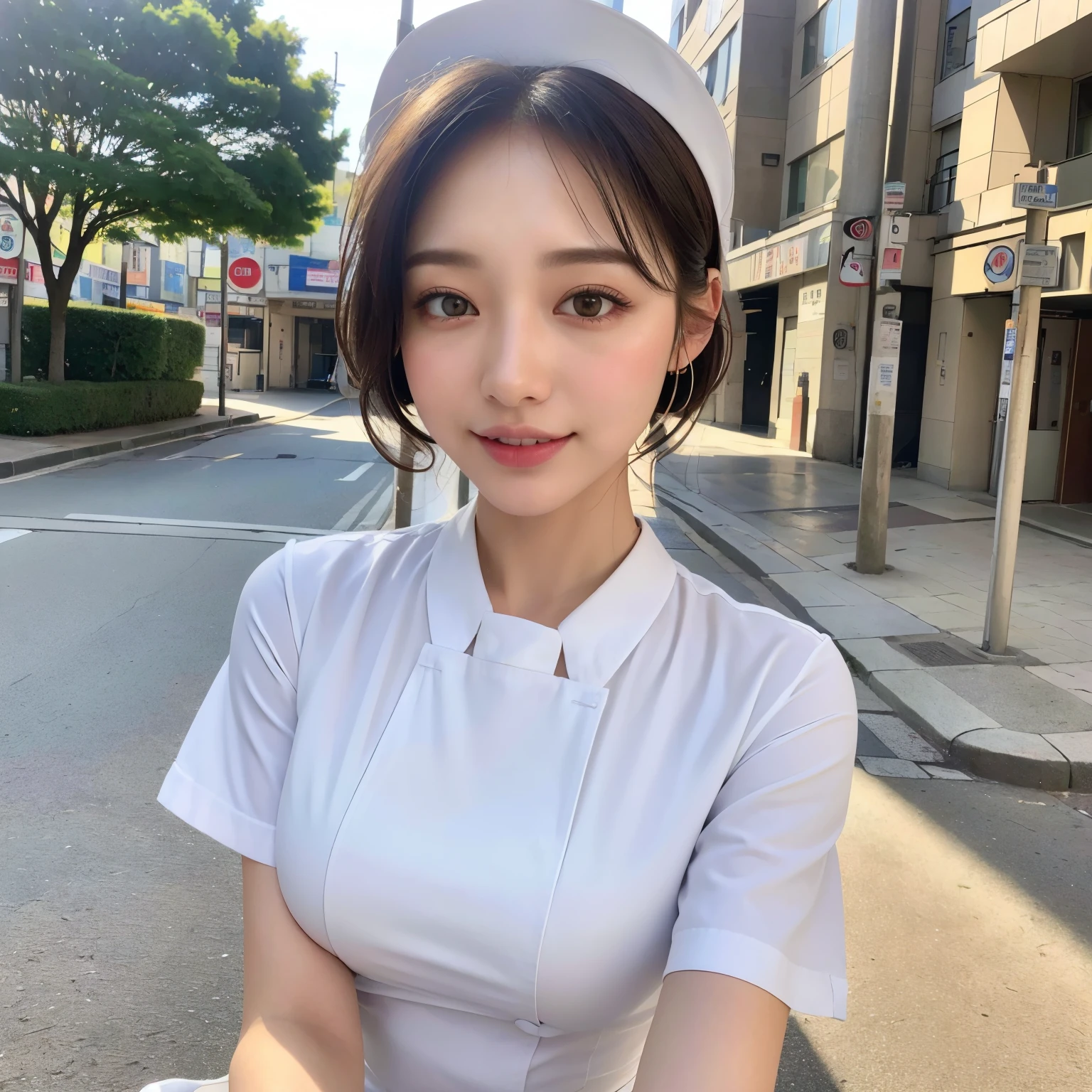 (8k、Raw photography、top-quality、masuter piece:1.2)、ultra-detailed、ultra res、(realisitic、rialistic photo:1.37)、portlate、high-definition RAW color photography、Professional Photography、highly detailed and beautiful、ighly detailed、8k Picture Wallpaper、amazing detailed、huge filesize、Official art、Highly detailed CG Unity 8k wallpapers、highly detailed beautiful girl、extra detailed face、extremely detailed eye、highlydetailed skin、extremely detailed fingers、highly detailed nose、very detailed detailed mouth、Perfect Anatomy、highly detailed back ground、Highly detailed clothing、girl 1 person、(18:1.2)、、Cute s、famous Japan idol、cute little、Realistic body、Petite、white skinned、glistning skin、Slim body、Handsome body、brown haired、Short curly hair、(Blunt bangs:1.2)、A smile、kawaii、zora々Right、kawaii faces、Lifelike face、Delicat eyes、Sauce order、White shirt、skirt by the、earrings、Looking at the camera、cowboy shot、front facing、Contrapo, high street, Dynamic Lighting,((((White nurse))))、hospitals、Hospital Room