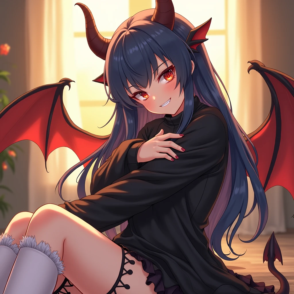 1girl, (skinny, tall), small breast, long straight hair, dark hair, blunt bangs, sidelocks, blunt ends, orange eyes, cold look, red skin, horns, succubus tail, wings, long nails, hooves, nude, pubic hair, full body