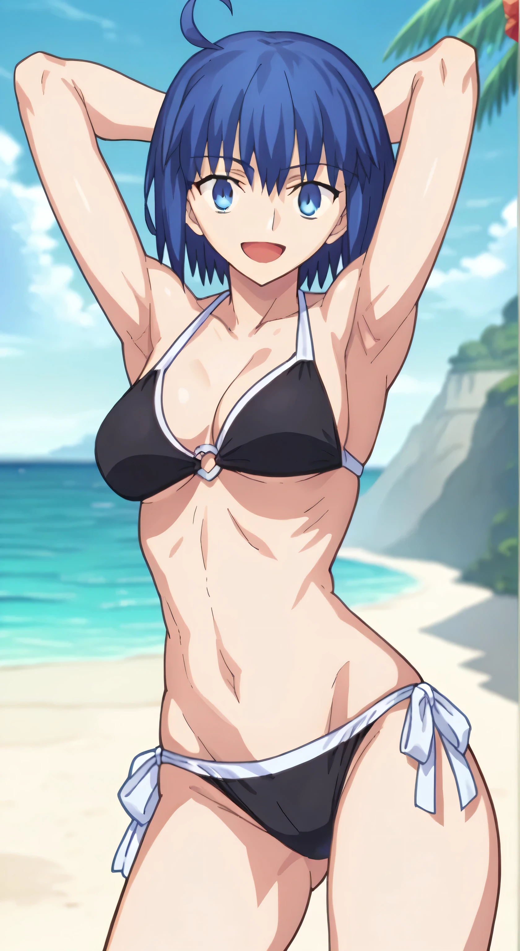 masterpiece, best quality, tsugumi seishiro, looking at viewer, large breasts, upper body, portrait, seductive smile, put your hands behind your head, armpits, armpits visible, sweaty armpits, wearing blue bikini, on beach 