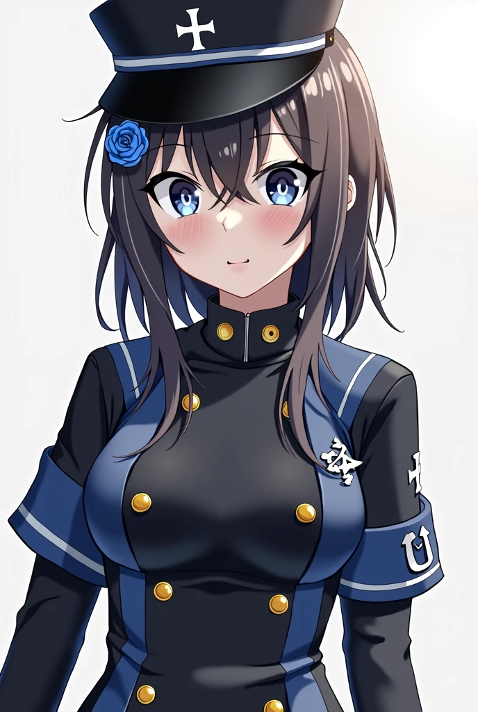 mecha wings、Blue Skirt、Accentuated thighs、chest、Black Hair、1 girl、solo girl、IS、Frame Arms Girl、Alice Gere Aegis、White Armor、Pink Line、income、headphone、hand on own chest、smile、Miike Naeko,One girl,alone,police,police ユニフォーム,police woman