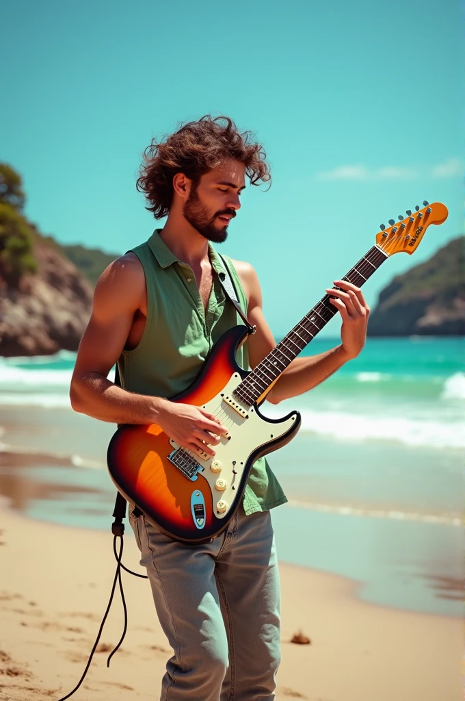 Wolverine playing a guitar in the ocean