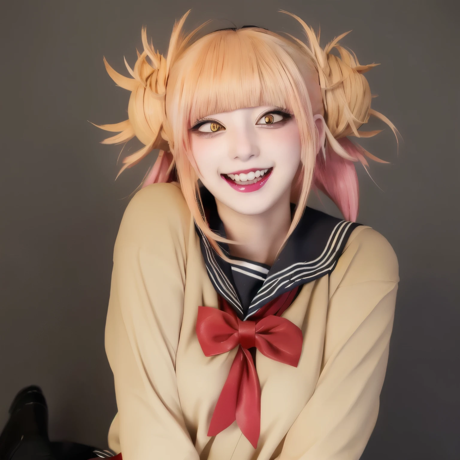 anime girl with blonde hair and a red bow on her neck, gapmoe yandere, anime moe artstyle, junko enoshima, cute anime girl portraits, anime monster girl, ecchi anime style, junko enoshima from danganronpa, [[[[grinning evily]]]], cute anime girl, extremely cute anime girl face