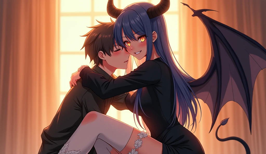 Cheerleader, demon horns, kissing while giving handjob, seductive smile , red eyes, in classroom, mind control