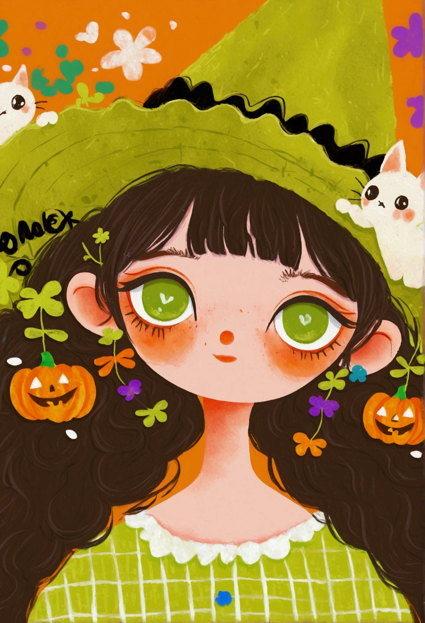 A painting，Pastel Art：Halloween。Girl wearing witch hat。。Big green eyes，Short hair，lol，teeth。Lovely的艺术风格, Lovely细致的数字艺术, Lovely的数字艺术, Lovely的艺术品, 卡哇伊写实portrait, Change, Lovely的数字, Lovely。portrait, Benefits, Lovely的角色, Lovely 多彩 Lovely
绿色背景