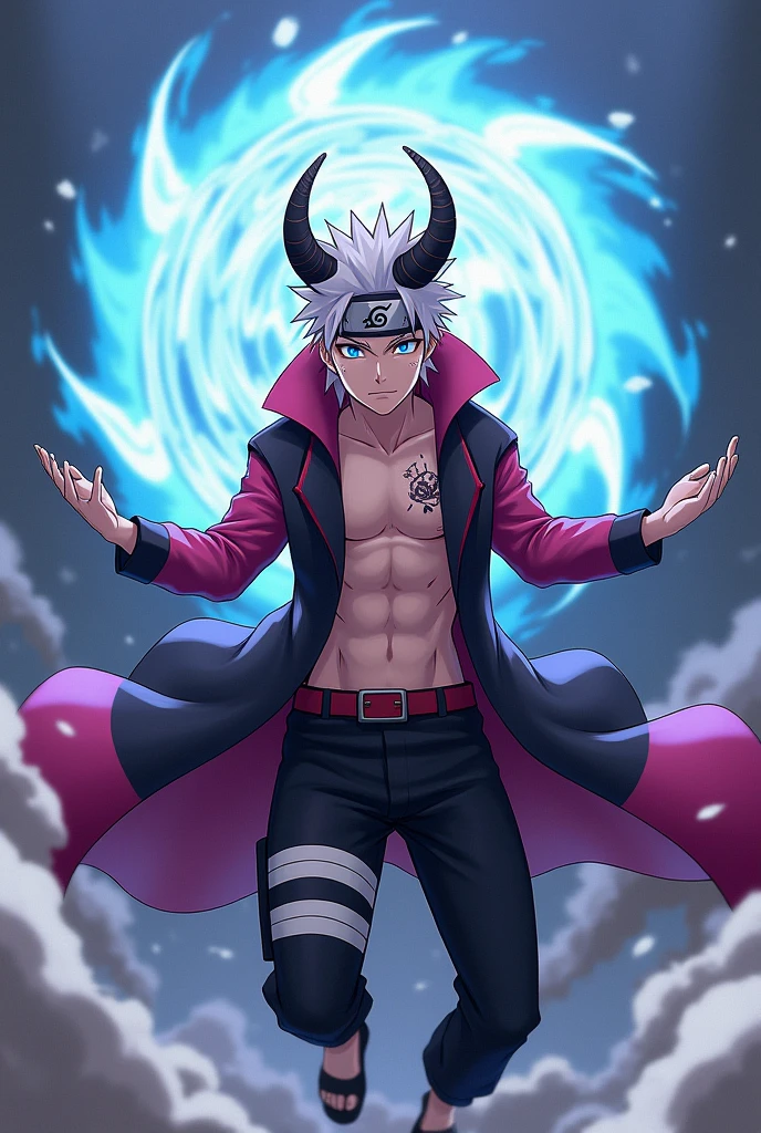 Digital artwork featuring a muscular male character with a glowing crimson head, spiky white hair, and piercing luminous red eyes in a highly detailed, anime-inspired, hyper-realistic style. The character is depicted in a side profile, showcasing a meticulously rendered, anatomically correct physique with prominent abs and chest muscles. He wears a torn, long-sleeved black shirt that exposes his upper body, with textured, sweat-glistened skin, and a pair of black pants with a white drawstring. The dark background features a gradient effect and small, glowing blue and white particles scattered around, adding a dynamic feel to the 4K, high-resolution image. On the left side, a stylized logo resembling an eye is emblazoned above the text 'Artvision1999' in a graffiti-like font, adding a burst of vibrancy to the overall design.