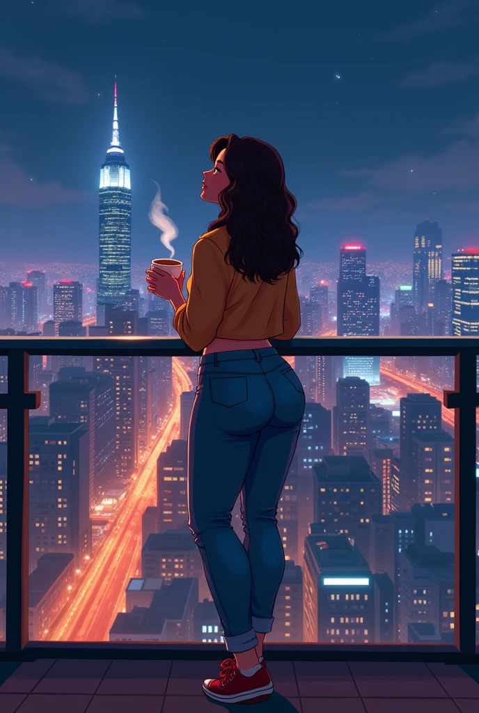 score_9, score_8_up, score_7_up, score_6_up BREAK 1girl,solo,outdoors,sitting,cityscape,sunset,ripped jeans,butt,from side,turtleneck sweate,sitting,arched back,beverage,table,dark-skinned female, long black hair, facing away,arm rest