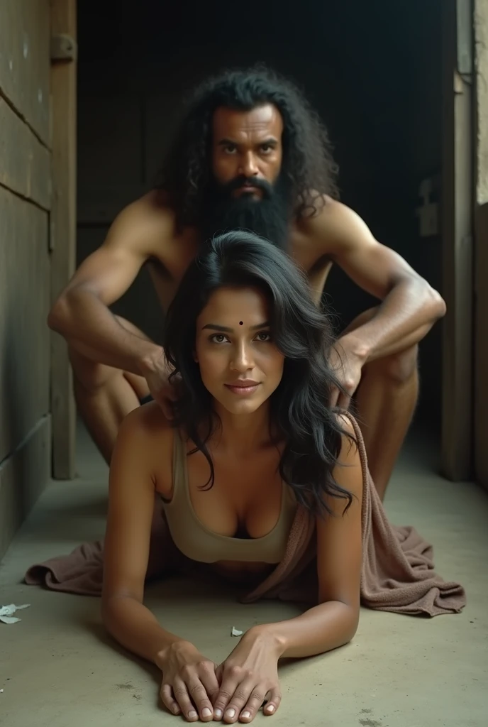 a very beautiful and sweaty 25 year old Indian naked girl, with thick hairy armpits and muscular abs, is carried by two young men and her armpits are kissed