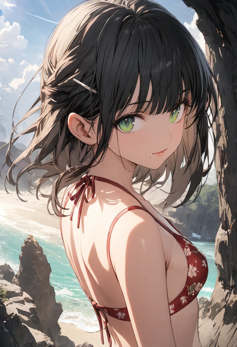 (8K、Highest image quality、highest quality、​masterpiece)、A detailed face、1 girl、short black hair tied back、blunt bangs、Green eyes、piercings、((brown skin))、((tanned skin))、 She smiles, small breasts, sunglasses, bikini red, he is on the beach in the Caribbean sunbathing