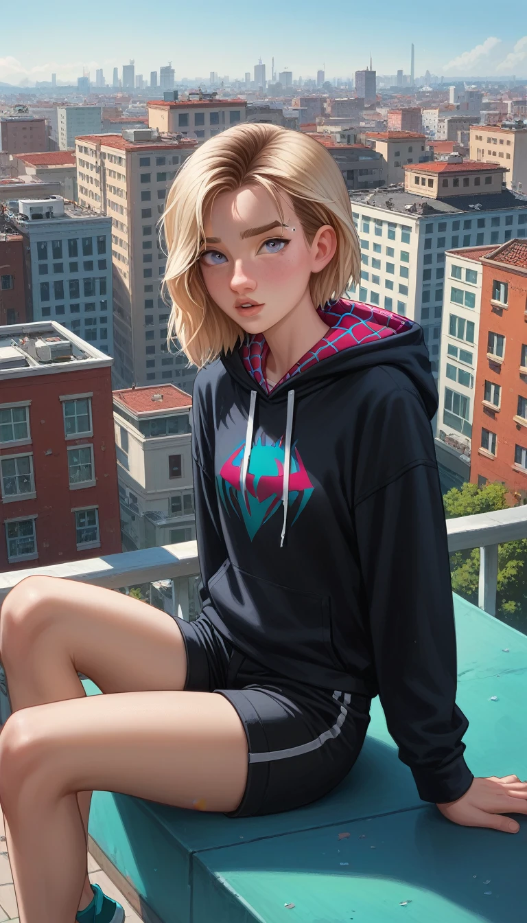 Spider Gwen, the Spider-Verse, sitting on the roof of a building,high quality, masterpiece, Detail, black sweatshirt jordans 4 shorts, perfect eyes, Well detailed face, well made lips 