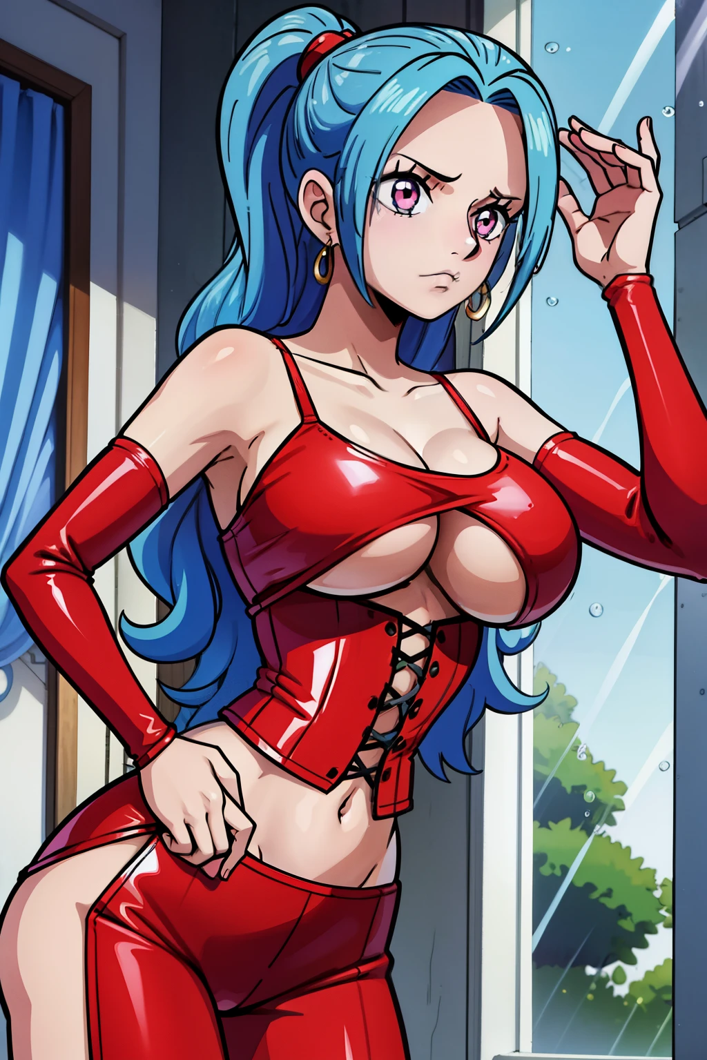 Cute girls,round purple eyes, blue hair、[without a bra、Medium to long straight hairstyle，、（Bigboobs,，she Wear a red latex corset,  blue latex panties，In a rental house，esta de pie，evening，it was raining outside，Upper .,cuerpo completo,,red latex corset,sexy,Alta resolución, blue panties,